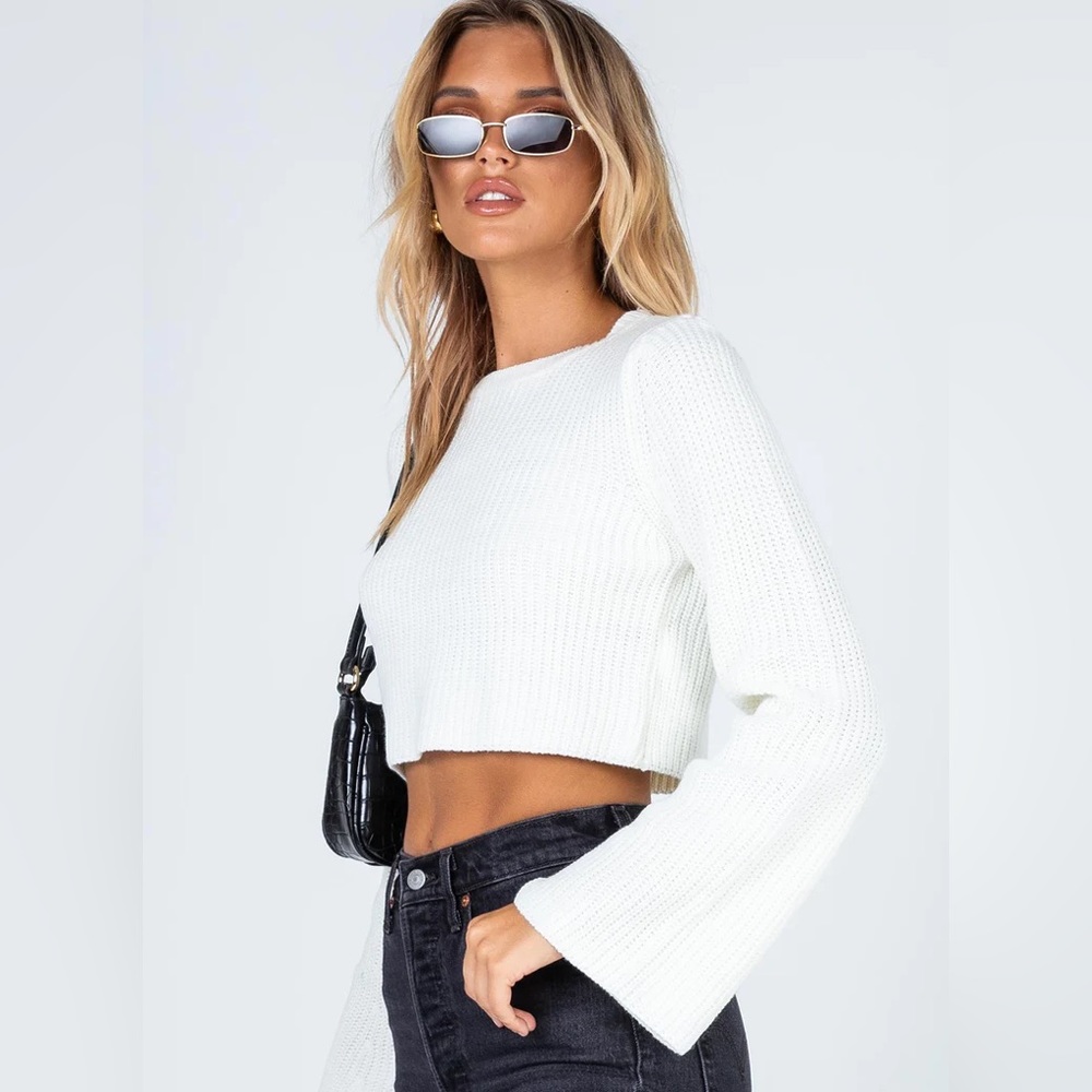 Princess Polly White Flare Bell Sleeve Cropped Ribbed Sweater - Picture 4 of 13